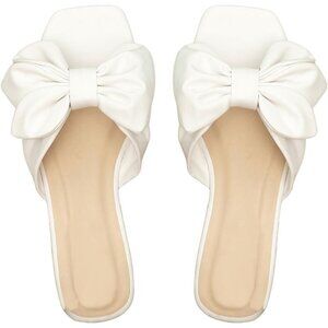 Women's Bow White Square Open Toe Breathable Slip On Slide Sandals Flat Shoes